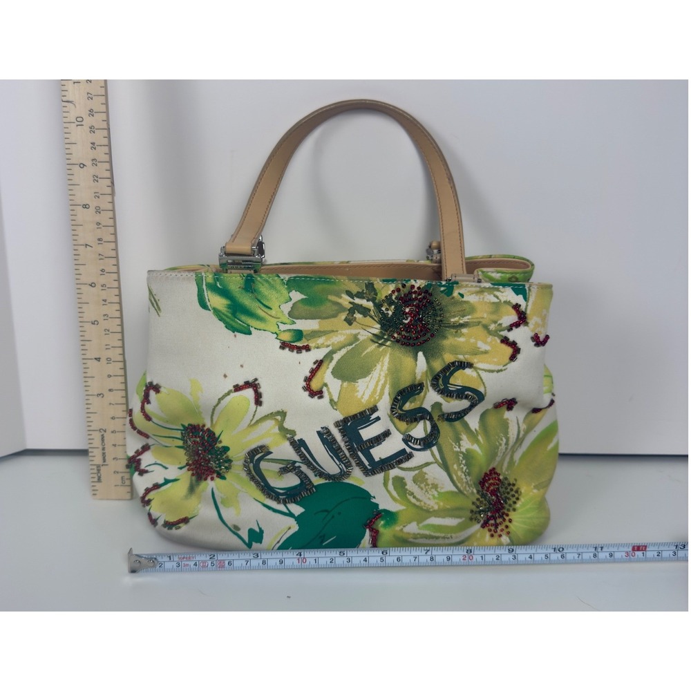 Guess Vintage Y2K Floral Tropical Beaded Canvas Handbag Green Yellow Purse - Picture 7 of 10